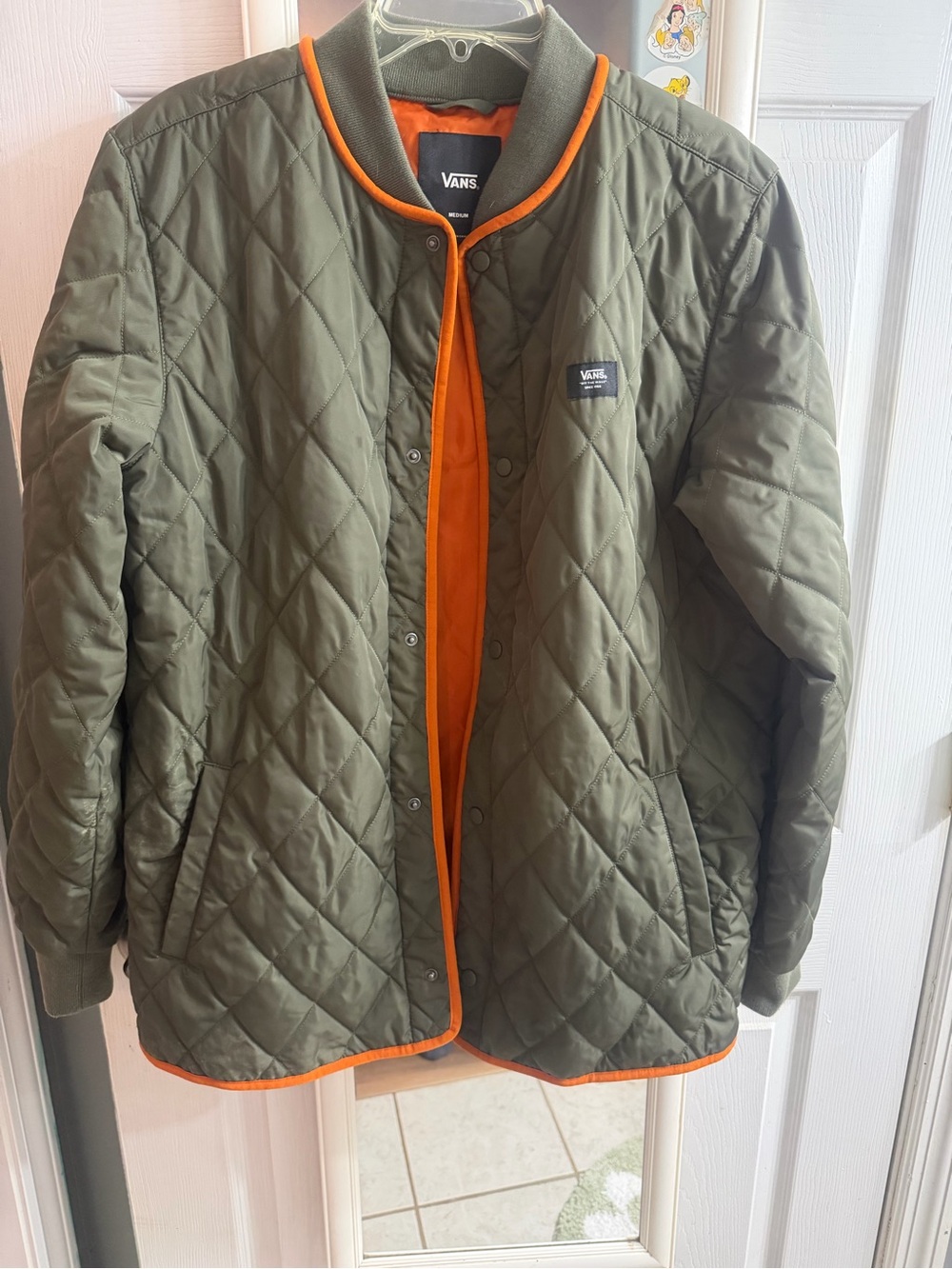 Vans Olive Green Quilted Jacket with Orange Trim Medium